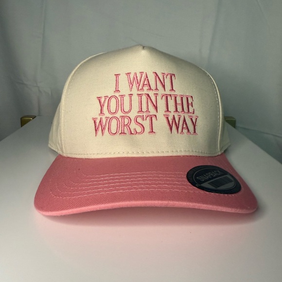 Accessories - Cream and Pink Embroidered Snapback Hat